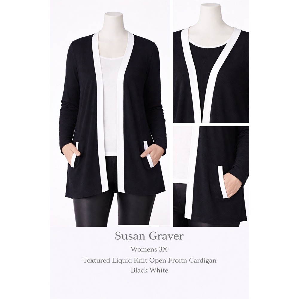 Susan Graver Liquid Knit Open Front Cardigan Black White Contrast 3X A285421